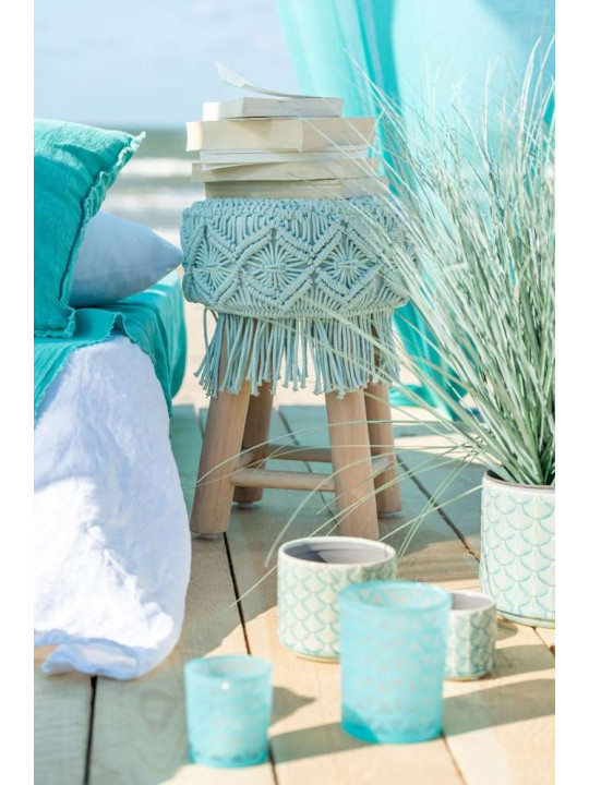 Tabouret Macrame Bois et coton Aqua