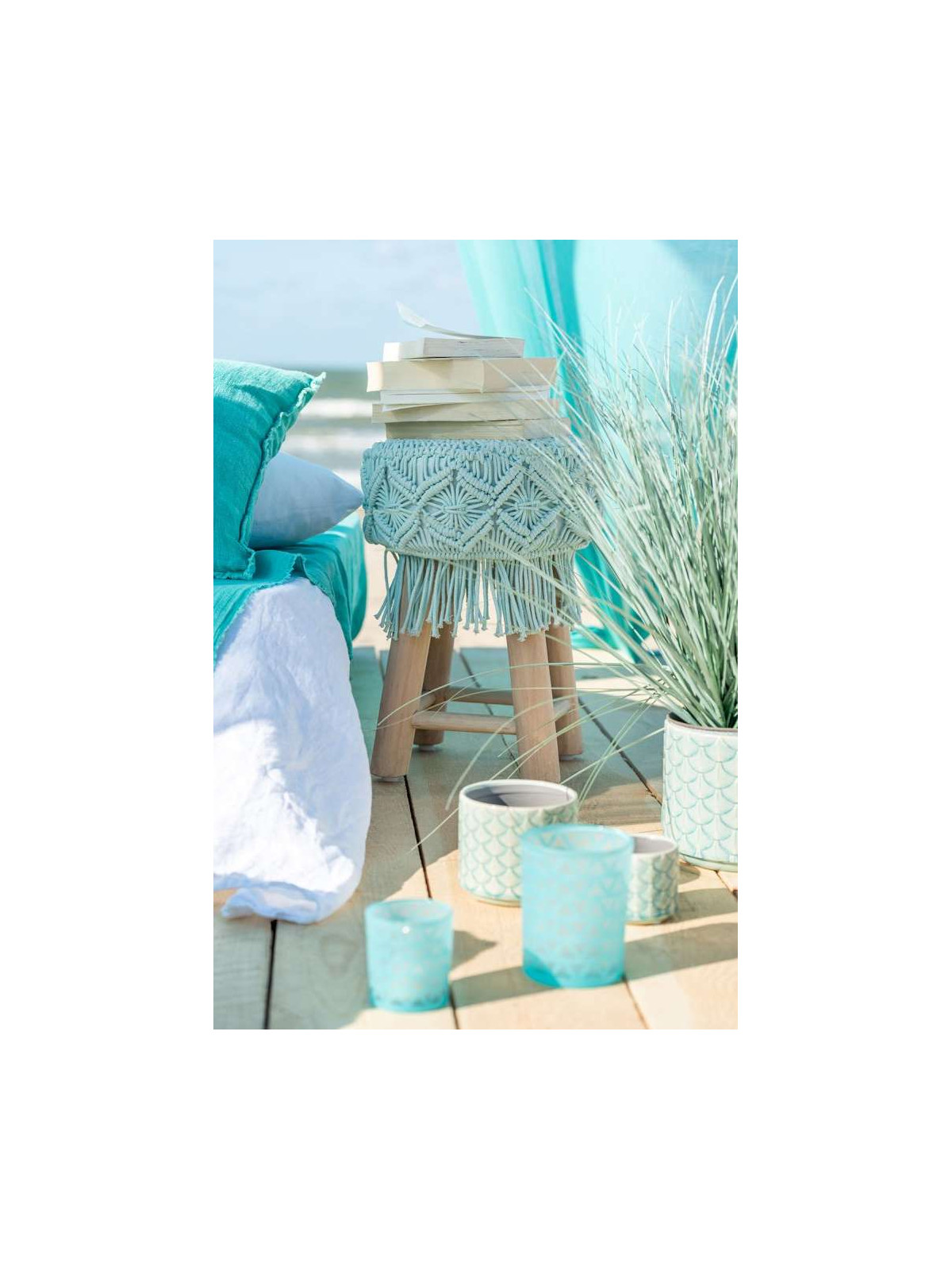 Tabouret Macrame Bois et coton Aqua