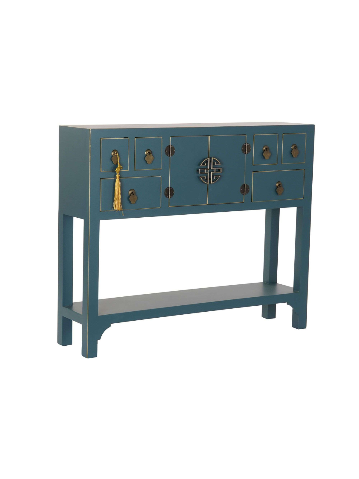 Console Chinoise Macao 6 tiroirs 2 portes bleu pétrole