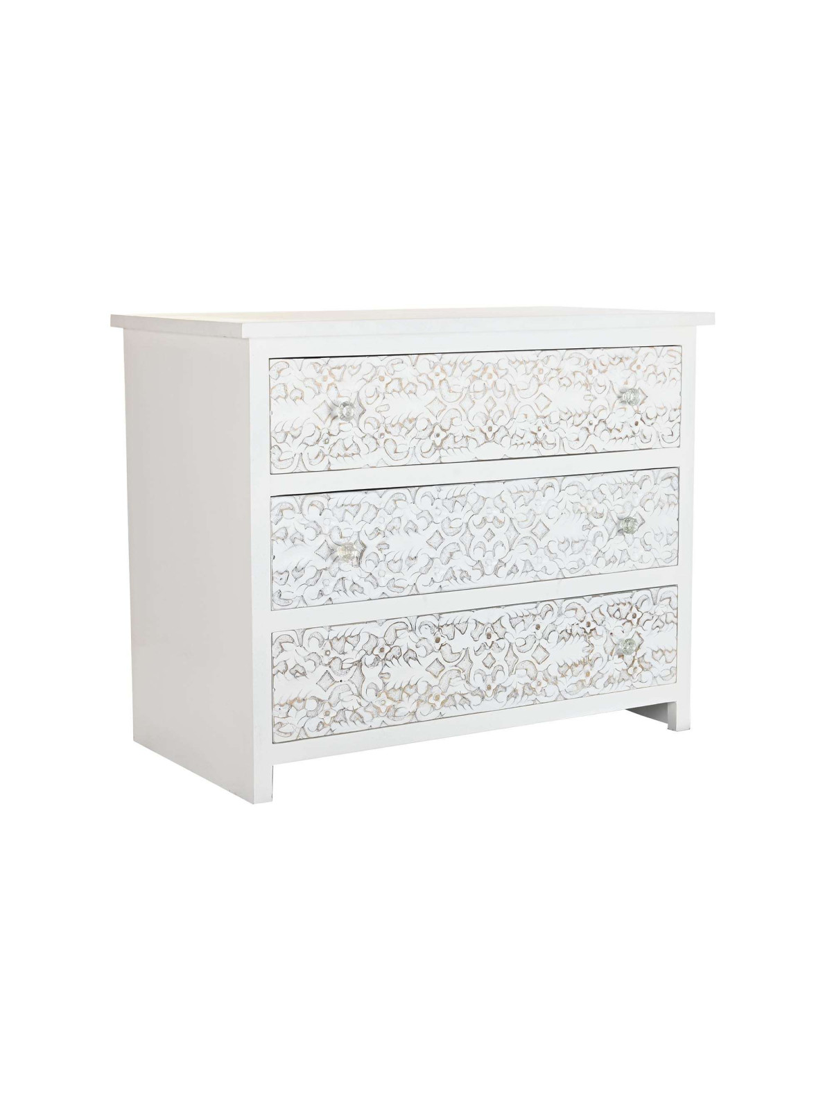 Commode blanche gravée en bois de manguier